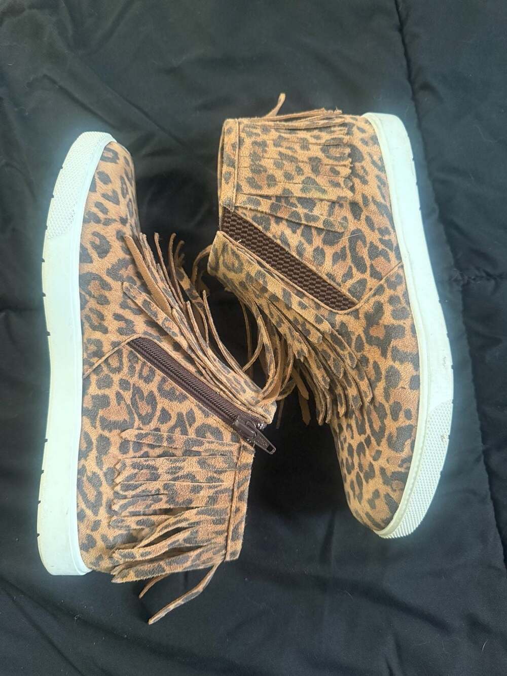 Elephantito Leopard Print Fringe Wedge Sneakers